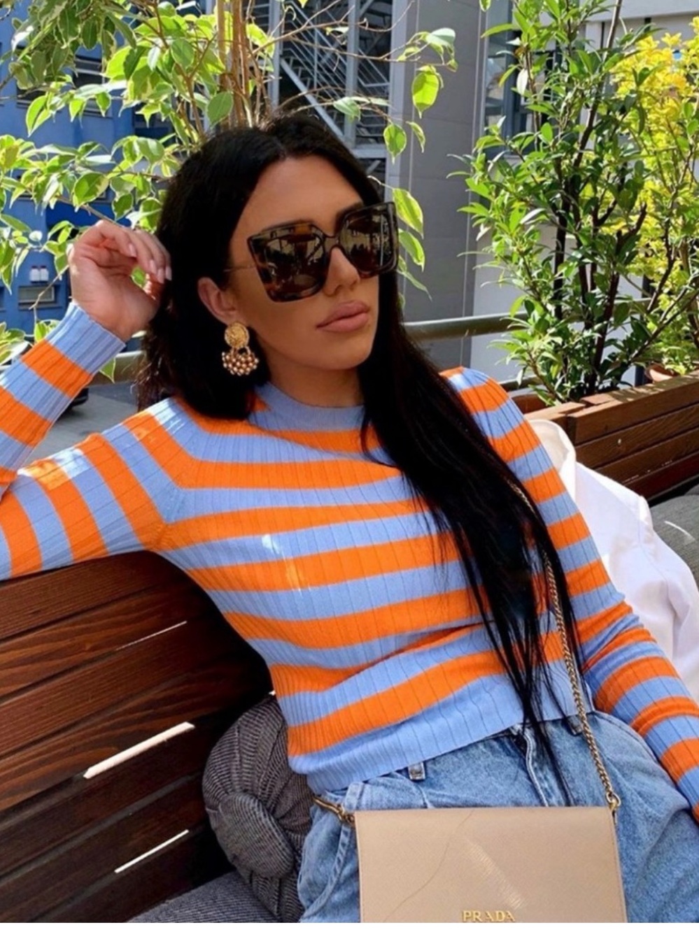 Zara Ribbed Striped Long-Sleeve Top in Light Blue and Orange